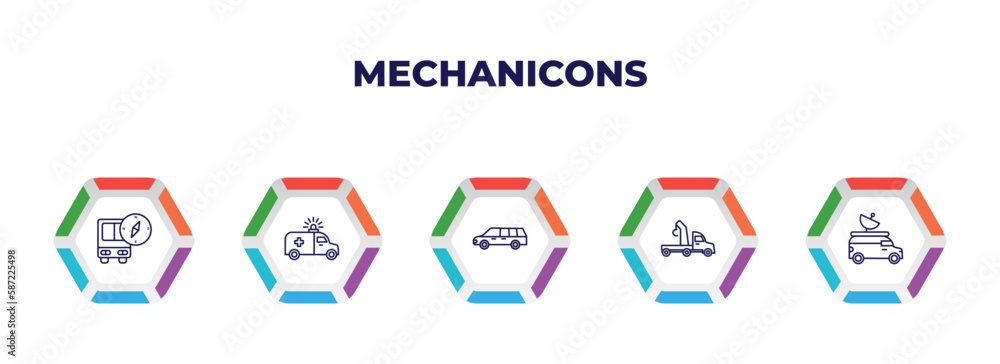 Poster editable outline icons with infographic template. infographic for mechanicons concept. included bus 