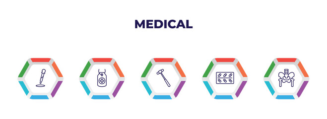 editable outline icons with infographic template. infographic for medical concept. included dosage medical tool, tag with a cross, medical hammer tool, cure, p icons.