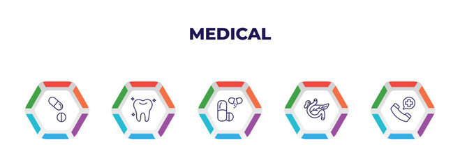 editable outline icons with infographic template. infographic for medical concept. included tablets, teeth, drugs, pancreas, emergency call icons.