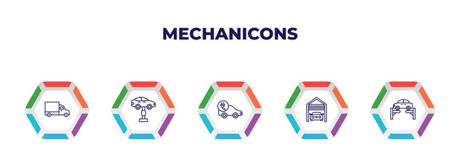 editable outline icons with infographic template. infographic for mechanicons concept. included lorry side view, garage elevator, electric car and plug, car inside a garage, car on an elevator