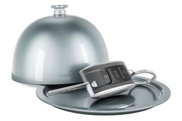 Restaurant cloche with car key, 3D rendering