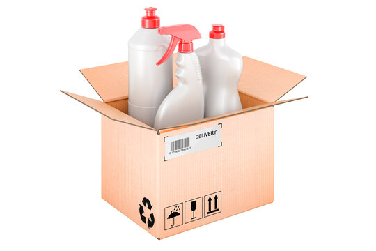 Detergent, cleaning products inside cardboard box, delivery concept. 3D rendering
