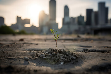 young evolving plant seedling growing out of craced concrete with city skyline in the background symbolizing nature taking back the rural environment, generative AI