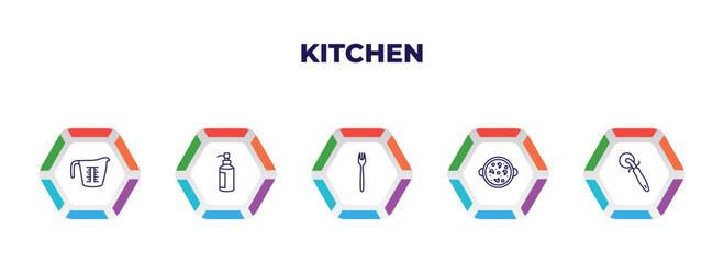 editable outline icons with infographic template. infographic for kitchen concept. included measuring cup, soap dispenser, fork, paella, pizza cutter icons.