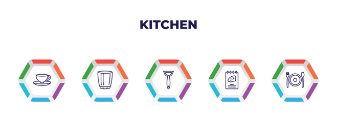 editable outline icons with infographic template. infographic for kitchen concept. included saucer, glass, peeler, recipe book, dinner icons.