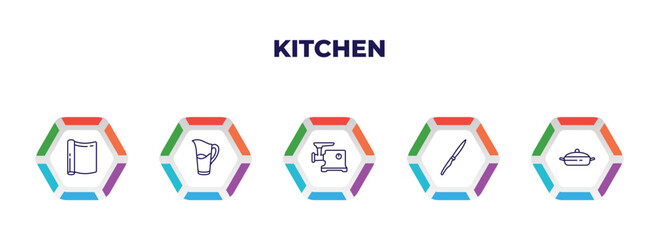 editable outline icons with infographic template. infographic for kitchen concept. included aluminum foil, pitcher, meat grinder, steak knife, cooking pot icons.