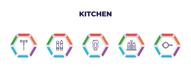 editable outline icons with infographic template. infographic for kitchen concept. included corkscrew, salt and pepper, sauces, spice jar, skillet icons.