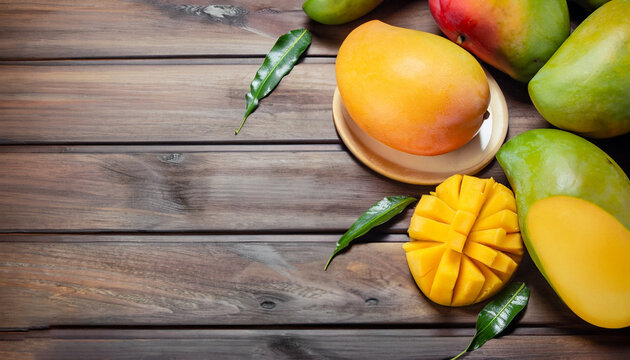 Mango fruit hanging on a tree with a rustic wooden table