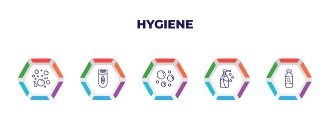 editable outline icons with infographic template. infographic for hygiene concept. included bubbles, epilator, bubble, pump bottle, chlorine icons.