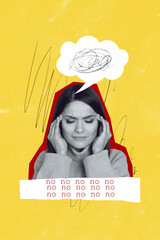Picture collage poster image of stressed depressed lady suffering pain thinking how avoid problem isolated on painted background