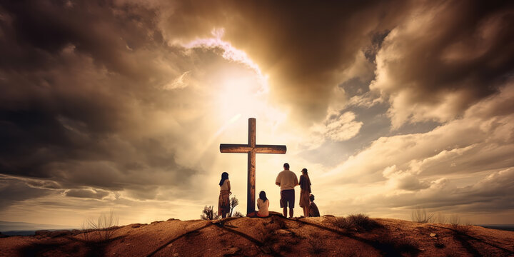 Family at the Cross of Jesus Christ - Easter Illuminated: Celebrating the Resurrection and the Unwavering Love that Binds Us All - Generative AI