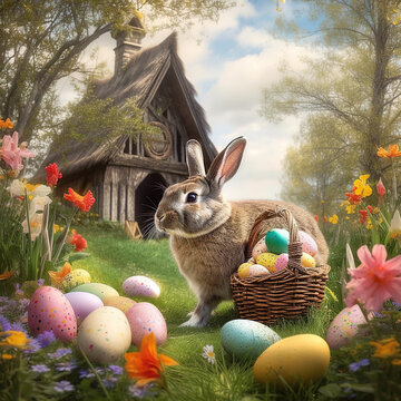 Idyllic Easter Bunny: A Charming Scene of a Playful Rabbit Surrounded by a Treasure Trove of Colorful Easter Eggs - Generative AI