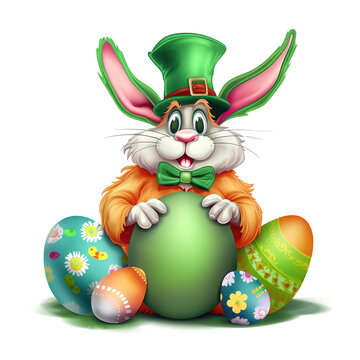 An Irish Easter: An Irish Easter Bunny Surrounded by Decorated Easter Eggs, Infusing the Holiday with Celtic Charm - Generative AI