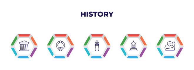 editable outline icons with infographic template. infographic for history concept. included pantheon, bracelet, mummy, tomb, stone icons.