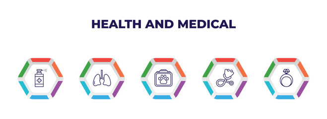 editable outline icons with infographic template. infographic for health and medical concept. included desinfectant, lung, veterinary, phonendoscope, rings icons.