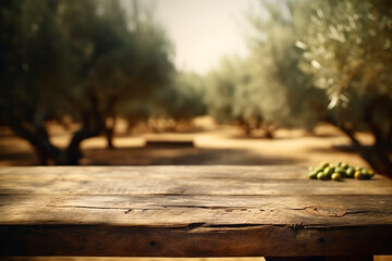 Old wooden table for product display with natural green olive field bokeh background. Generative AI	
