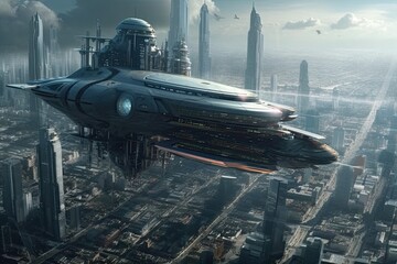futuristic city with a flying saucer hovering above. Generative AI
