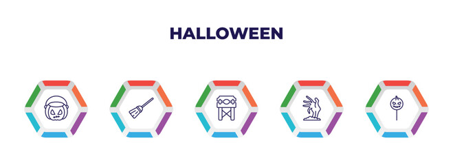 editable outline icons with infographic template. infographic for halloween concept. included pumpkin basket, magic broom, pillory, zombie hand, halloween candy icons.
