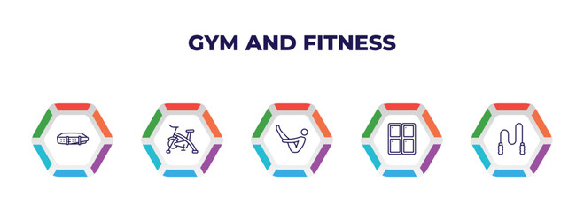 editable outline icons with infographic template. infographic for gym and fitness concept. included fitness belt, riding bicycle, abdominal exercises, locker, skip rope icons.
