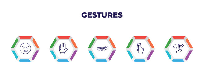 editable outline icons with infographic template. infographic for gestures concept. included dissatisfaction, hand up, eyelid, pressing, greetings icons.