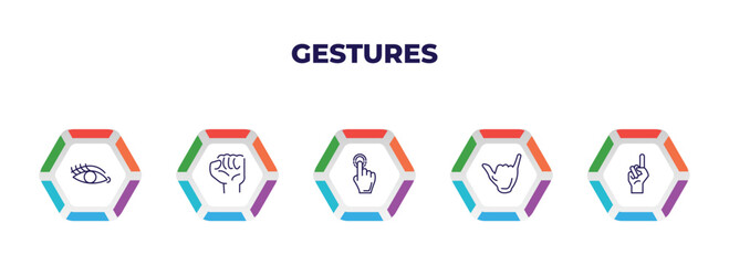 editable outline icons with infographic template. infographic for gestures concept. included eyelashes, hand gesture, drag down, surfing, finger up icons.