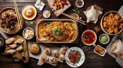 Traditional and healthy asian food. Menu with chopsticks, noodles, chicken, dumplings, soy, rice, etc.