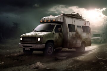 Obraz premium Destroyed ambulance war zone. Generate Ai