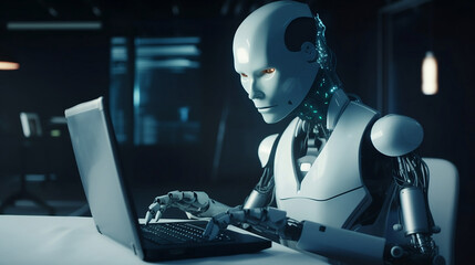 GPT-4. New version of this artificial intelligence property of OpenAI. Humanoid robot using this chatbot.