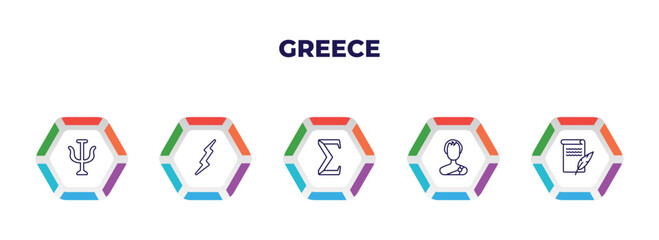 editable outline icons with infographic template. infographic for greece concept. included psi, zeus, sigma, alexander the great, letter quill icons.