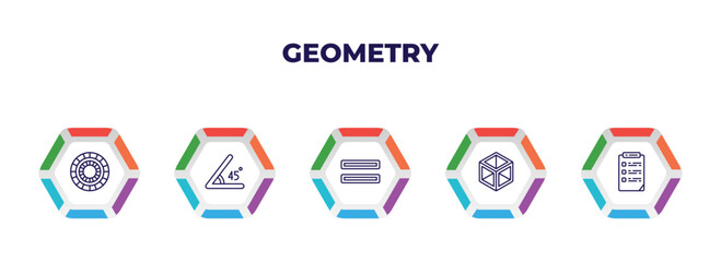 editable outline icons with infographic template. infographic for geometry concept. included color wheel, angle, parallel, 3d cube, properties icons.