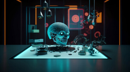 Artificial Intelligence (AI) in health care and genetics. Holographic skull in a laboratory.