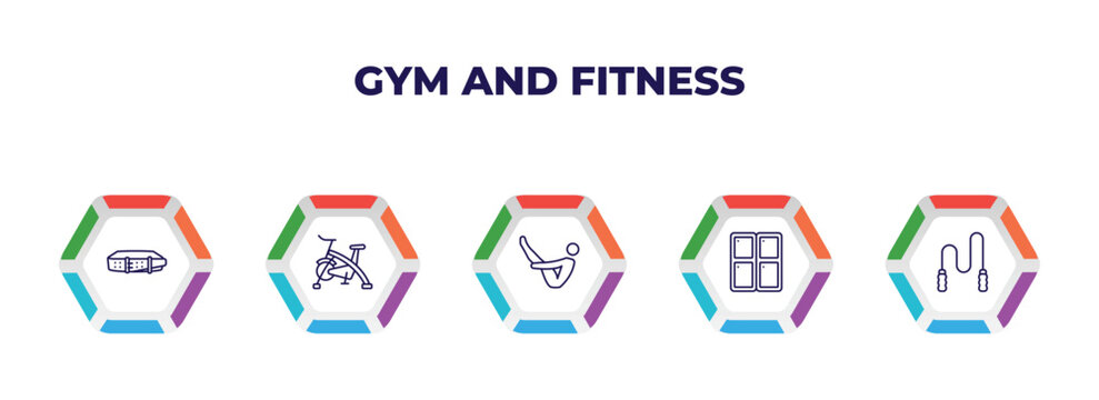 editable outline icons with infographic template. infographic for gym and fitness concept. included fitness belt, riding bicycle, abdominal exercises, locker, skip rope icons.