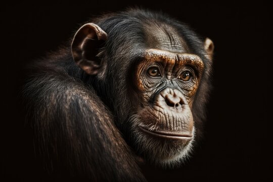 Portrait of a chimpanzee on a black background. Animal. Generative AI