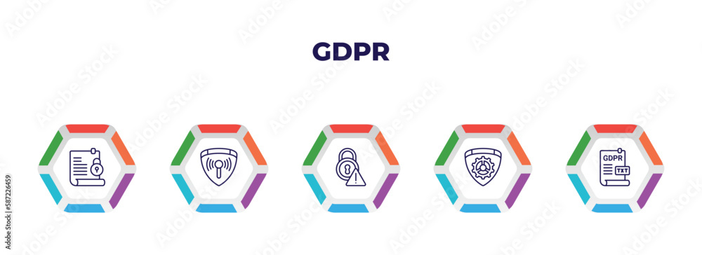 Aufkleber editable outline icons with infographic template. infographic for gdpr concept. included code of con