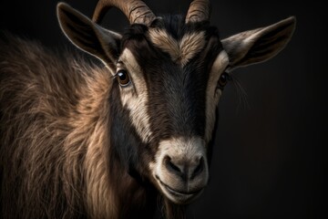 Portrait of a goat on a black background, close-up, Generative AI