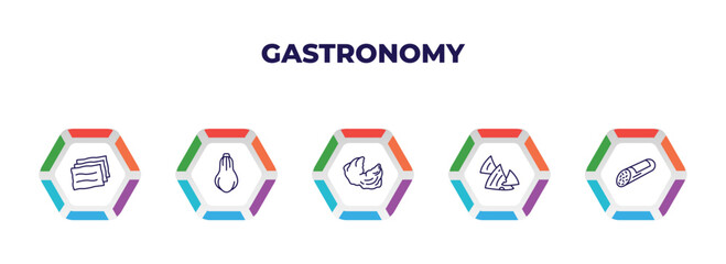 editable outline icons with infographic template. infographic for gastronomy concept. included lasagne, butternut squash, oyster, nachos, salami icons.