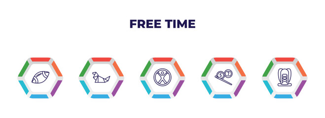 editable outline icons with infographic template. infographic for free time concept. included rugby ball, origami, zorbing, billiard, hiking icons.