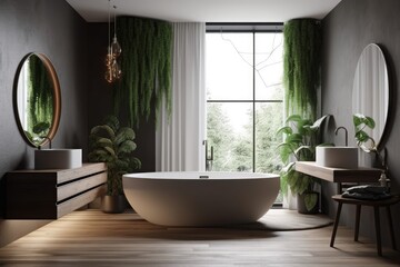 spacious bathroom with a contemporary white bathtub and natural light streaming in through the window. Generative AI