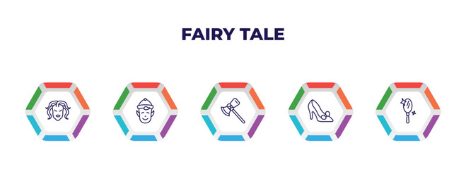 editable outline icons with infographic template. infographic for fairy tale concept. included female medusa, elf, thor, cinderella shoe, enchanted mirror icons.