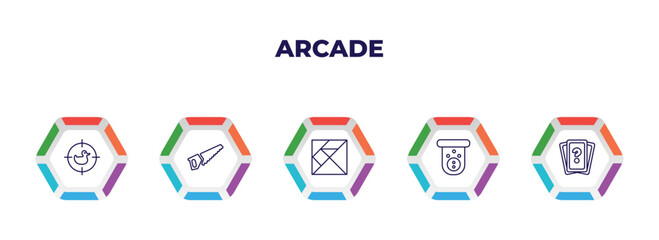 editable outline icons with infographic template. infographic for arcade concept. included curtain stage, curtain stage, curtain stage, voice acting, voice acting icons.