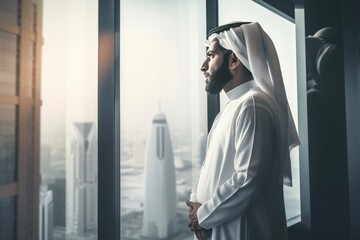 Successful muslim businessman in traditional white outfit standing in his modern office looking out of the window on big city with skyscrapers