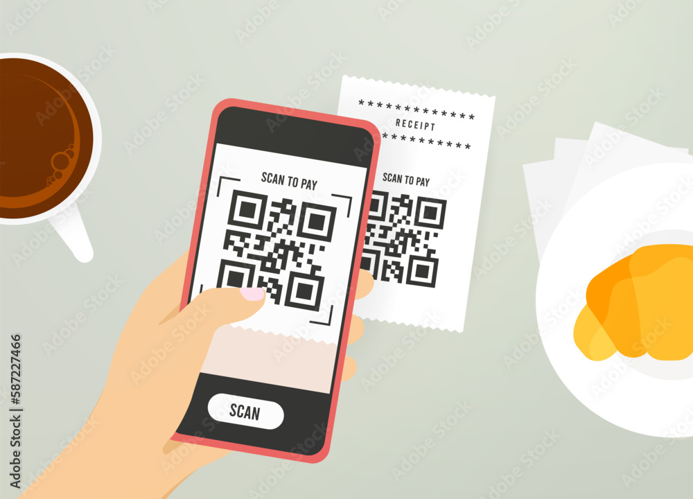 Poster qr code payment concept. hand holding smartphone that scans qr code on check for contactless payment
