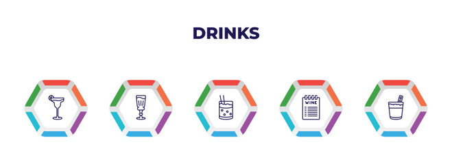 editable outline icons with infographic template. infographic for drinks concept. included margarita, absinthe, mind eraser drink, wine list, white russian drink icons.
