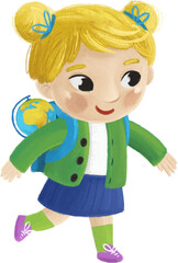 cartoon child kid girl pupil going to school learning with globe childhood illustration for kids
