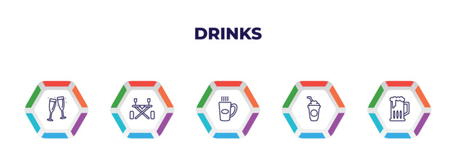 editable outline icons with infographic template. infographic for drinks concept. included toast, picnic table, boiling, frappuccino, brewery icons.