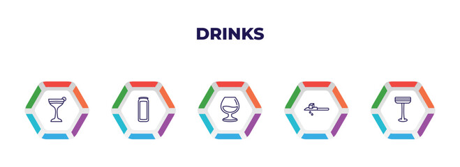 editable outline icons with infographic template. infographic for drinks concept. included flirtini, energy drink, armagnac, drip, irish sour icons.