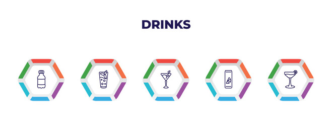 editable outline icons with infographic template. infographic for drinks concept. included mashing, mint julep, 007 martini, soda can, cosmopolitan icons.