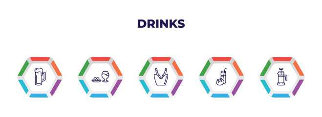 editable outline icons with infographic template. infographic for drinks concept. included beer mug, ham, ice bucket and bottle, tomato juice, french press icons.