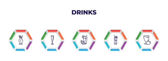 editable outline icons with infographic template. infographic for drinks concept. included tequila sunrise, glass of wine, greyhound drink, blue lagoon, juice icons.
