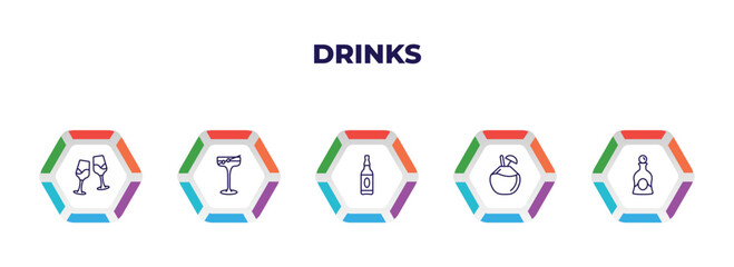editable outline icons with infographic template. infographic for drinks concept. included glasses with wine, manhattan, alcohol, coconut drink, liquor icons.